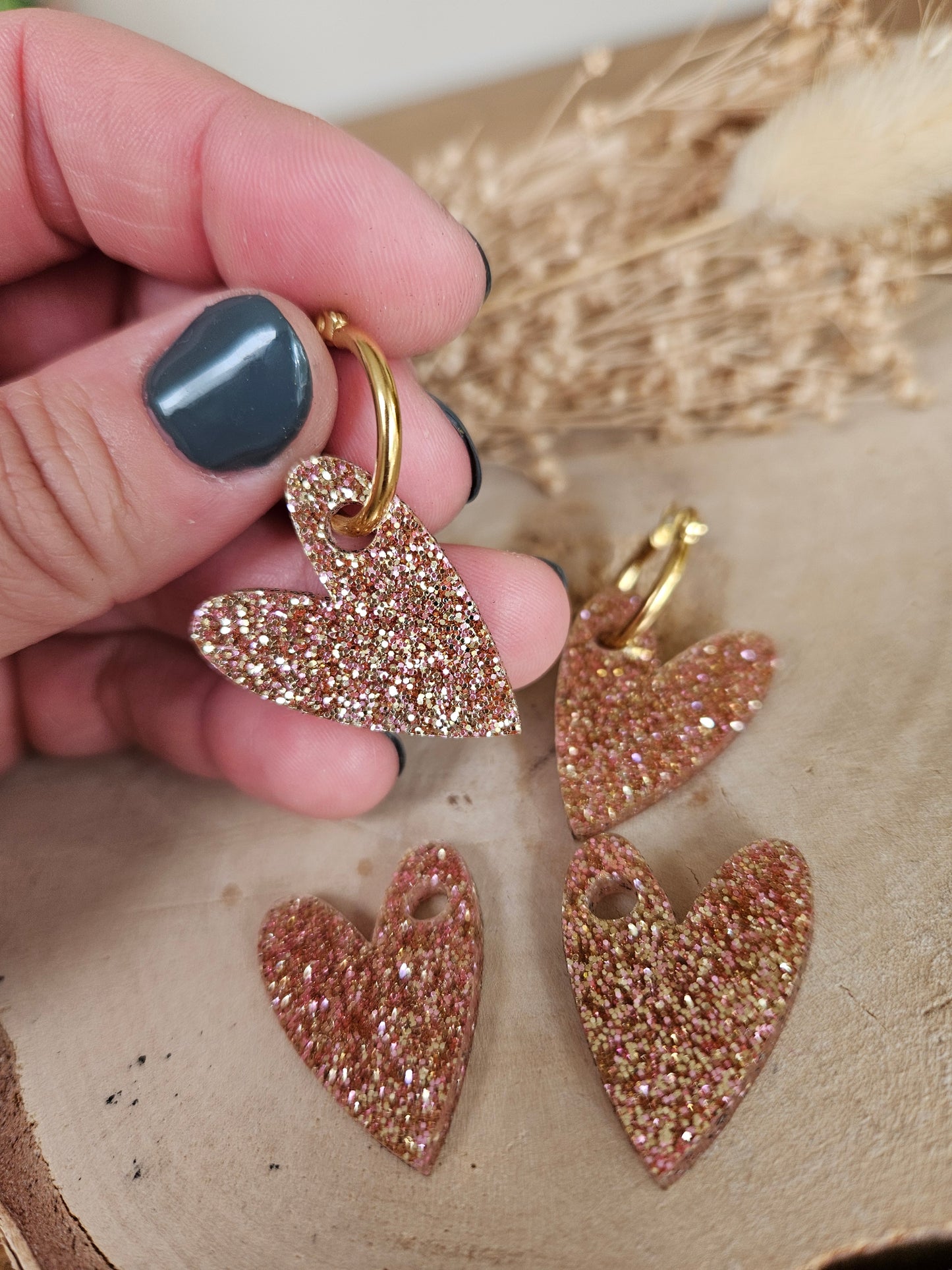 Boucles oreilles AMBRE interchangeables cœur PAMPILLE / créole femme en Acier Inoxydable - CHAMPAGNE PAILLETE