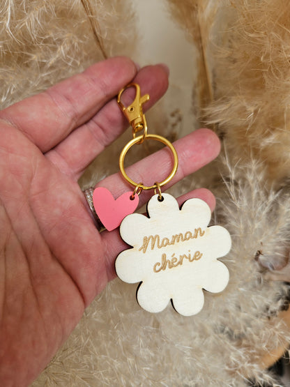 Porte clé bois ET PLEXI MARGEURITE COEUR / maman mamie maîtresse atsem cadeau femme