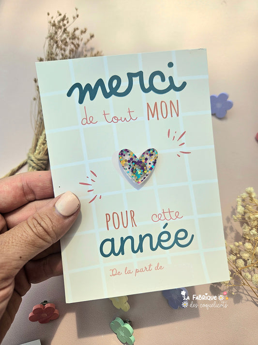 Pin's cœur - GRANDE carte "Merci de tout mon cœur pour cette année"