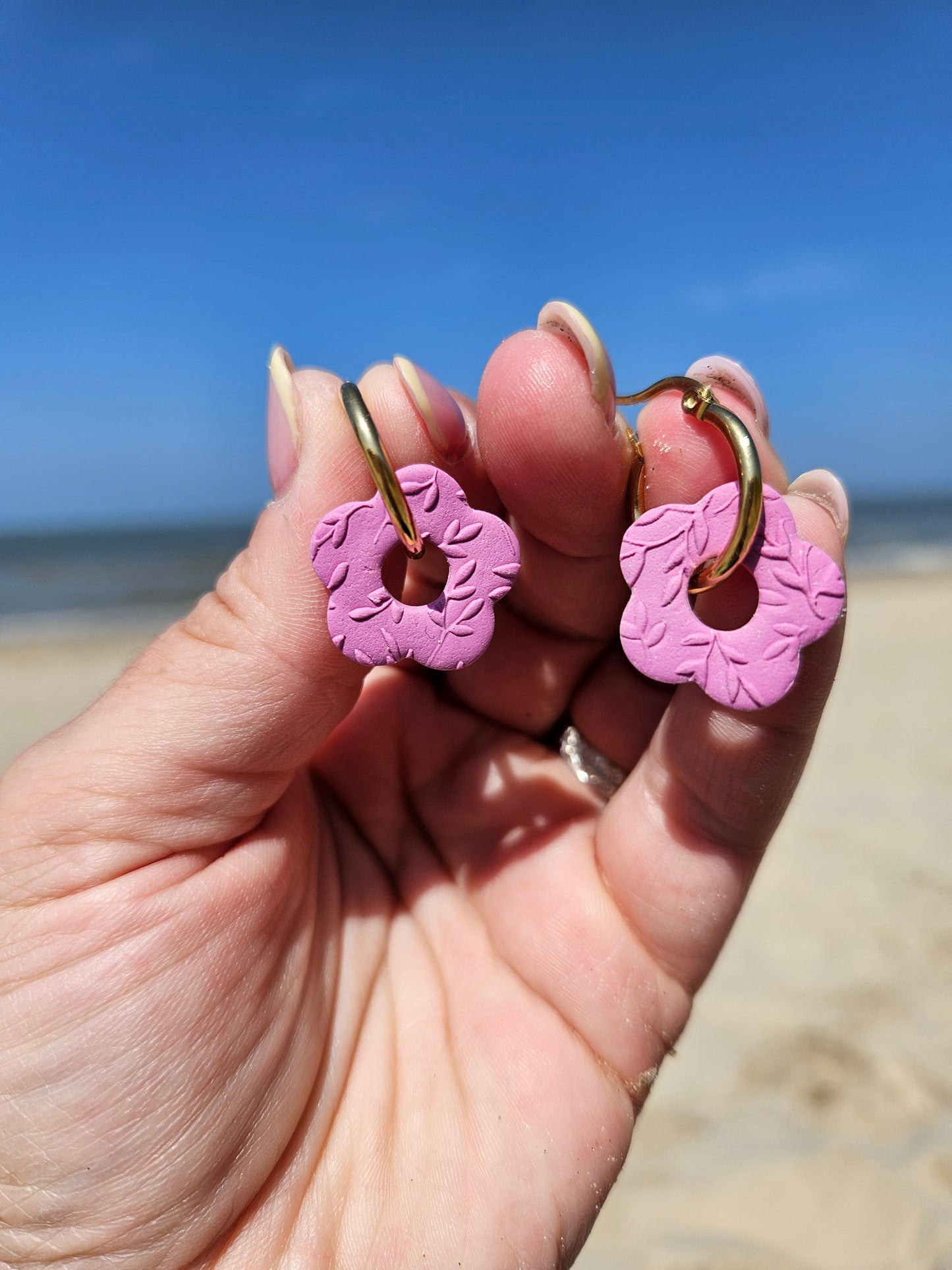 Boucles oreilles interchangeables ZELIE - ROSE MAUVE FEUILLE