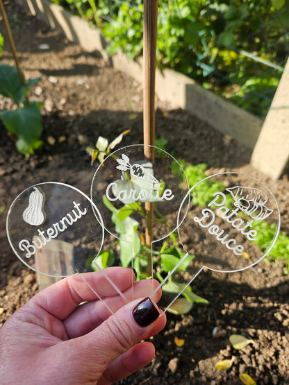 Pics à planter personnalisés en acrylique transparent – Étiquettes potager pour légumes, fruits et aromates 🌱