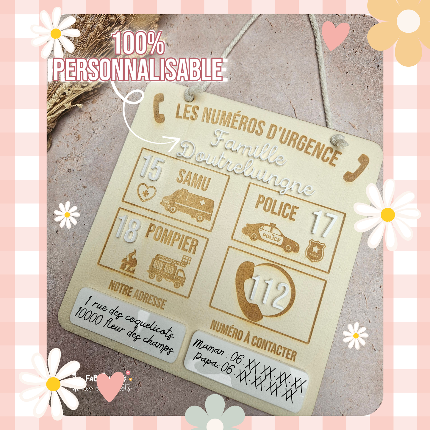 Panneau Les Numéros d'Urgence -  Personnalisé - aimanté